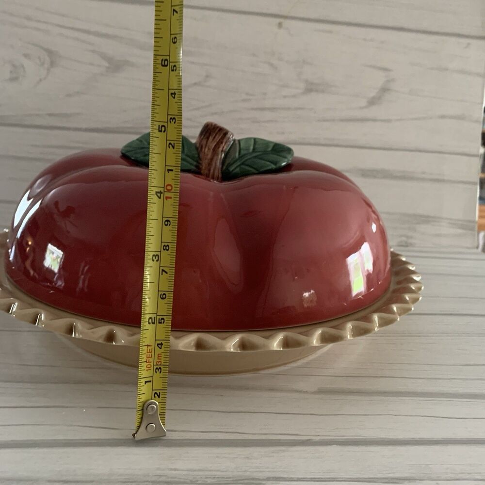 Apple Pie Keeper Covered Pie Dish Dessert Holder Ceramic Red Beige Green Gloss - Picture 6 of 7